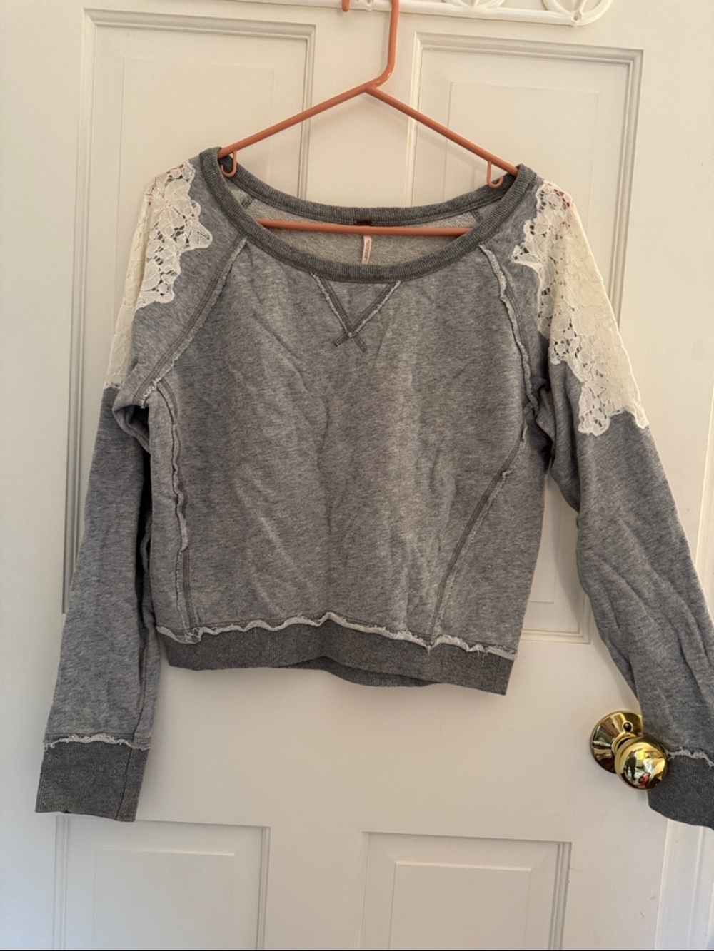 Free People Gray Lace-Accent Pullover Sweatshirt